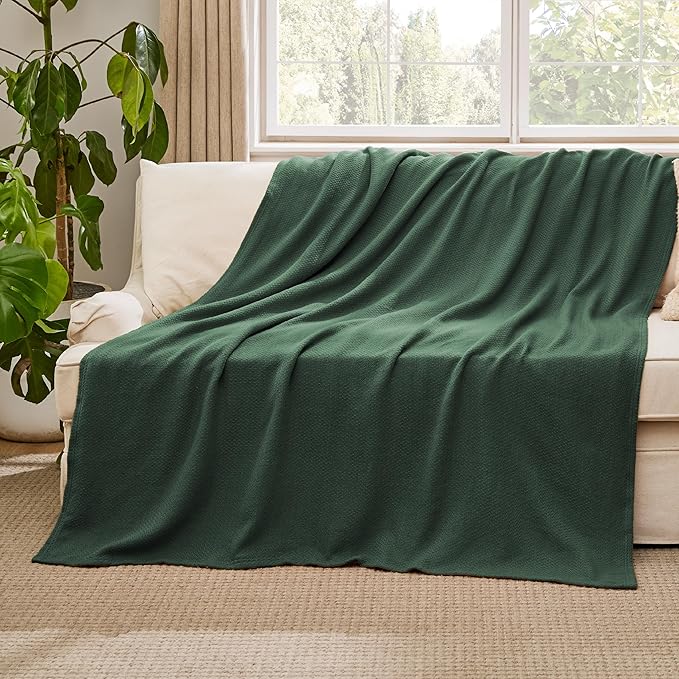 Bedsure 100% Cotton Large Throw Blanket for Couch 50x70 inches - Breathable and Lightweight, Soft Cozy Herringbone Woven Blanket for Summer Spring, Dark Green