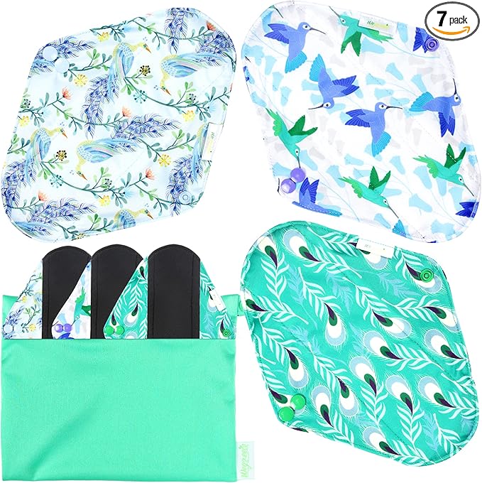 wegreeco Reusable Menstrual Pads - Reusable Sanitary Pads | Reusable Panty Liners | Soft Cloth Menstrual Pads - 6 Pack with 1 Cloth Mini Wet Bag (Large, Peacock