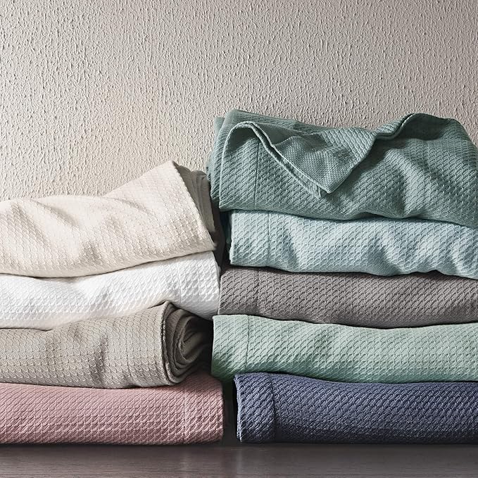 Madison Park Soft Certified 100% Egyptian Cotton Breathable Cozy Blanket, Premium Waffle Knit Classic Design, Luxury All Season Lightweight Cover for Bed, Couch and Sofa, Teal Full/Queen(90"x90")