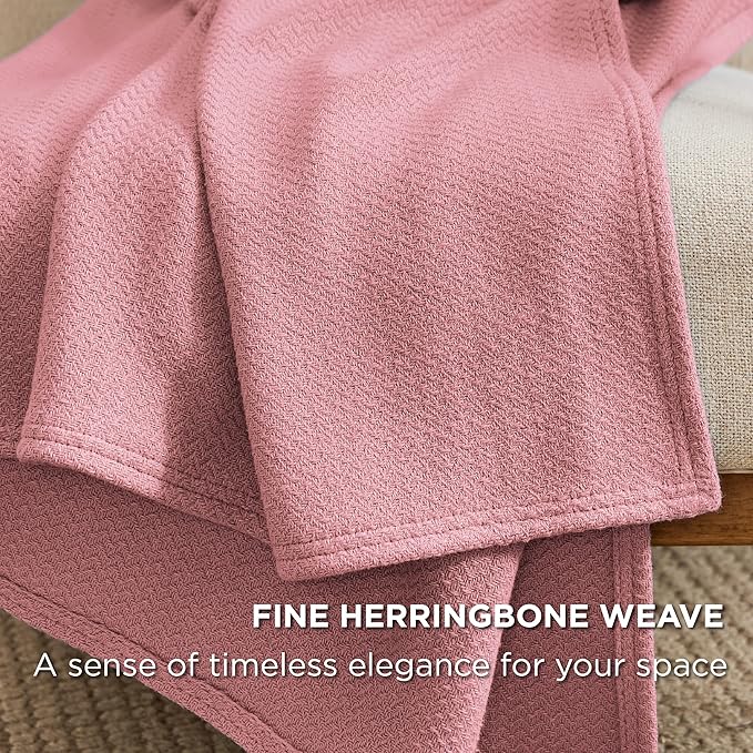 Bedsure 100% Cotton Blanket Twin XL Size for Bed - Breathable and Lightweight, Soft Cozy Textured Herringbone Woven Blanket for Summer Spring, Pink, 66x90 inches