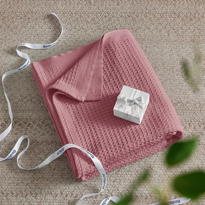 Bedsure 100% Cotton Blanket Twin XL Size for Bed - Breathable and Soft, Waffle Weave Blanket for Summer Spring, Dusty Rose, 66x90 inches