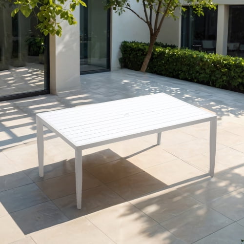 Rectangle Dining Table with Tapered Feet & Umbrella Hole, Matte White+ Grayish Outdoor Patio Aluminum 40"x70" Two-tone Table Top