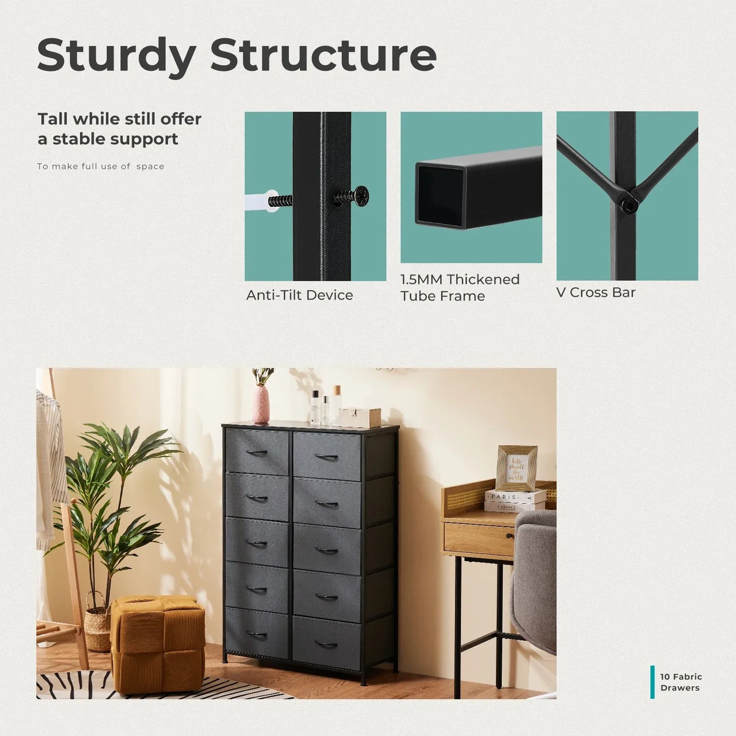 JHK Table with 10 Fabric Drawers