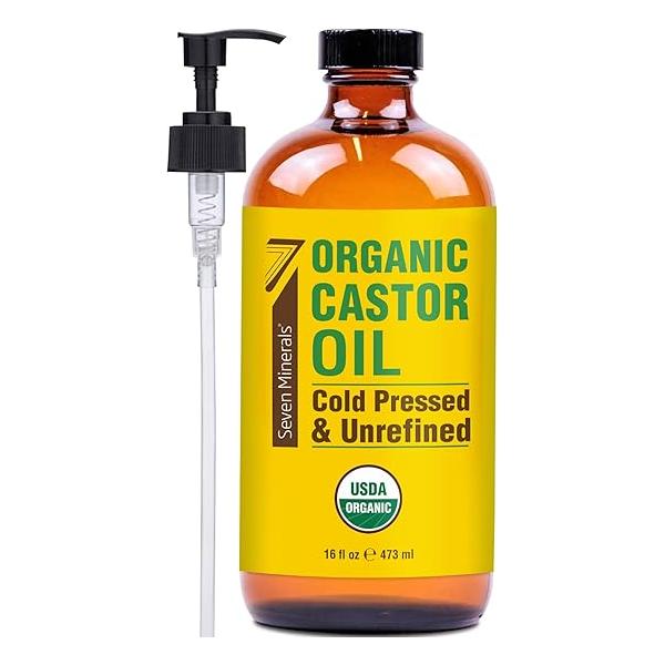 Seven Minerals New 16 fl oz Glass Bottle Castor Oil Organic Cold Pressed Unrefined Pack - 100% Pure USDA Certified Hexane Free